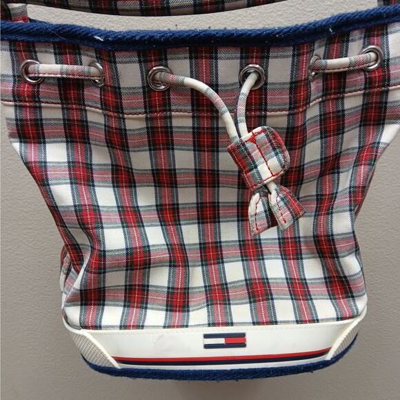 Vintage Tommy Hilfiger Plaid Drawstring Bucket Bag Shoulder Y2K Purse Red White - Picture 10 of 10